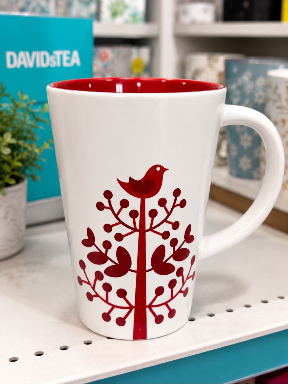 DAVIDsTEA Red Bird Tree Ceramic Tea Mug White Red Tall Coffee Cup